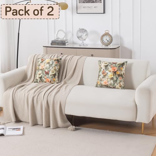 Image of HOKIPO 'Nature Muse 7D' Premium HD Printed Holland Velvet Sofa Cushion Cover | 16x16 Inch (40x40 cm) | Pack of 2, Butterfly Orchard (IN-923-D3*2)