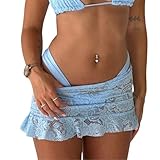 Women's Lace Mini Skirts Casual Low Waist Solid Color See Through Ruffle Skirts Bikini Coverup Skirts (Light Blue, S)
