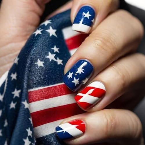 Independence Day Press on Nails Short Square Fake Nails with Star Design Acrylic Nails Artificial Stick on Fingernails Glossy Red White Blue Stripe Glue on Nail 4th of July Gift for Women