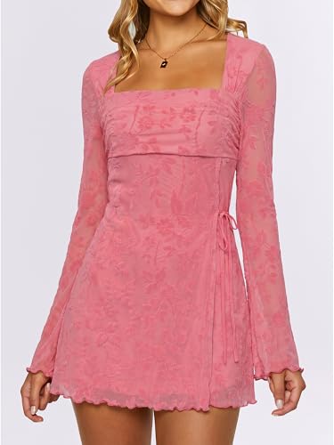 Image of Caracilia Womens Sexy Mesh Ruched Mini Dresses Long Sleeve Square Neck Tie Fall Club Party Cocktail Short Dress 2026 Fashion