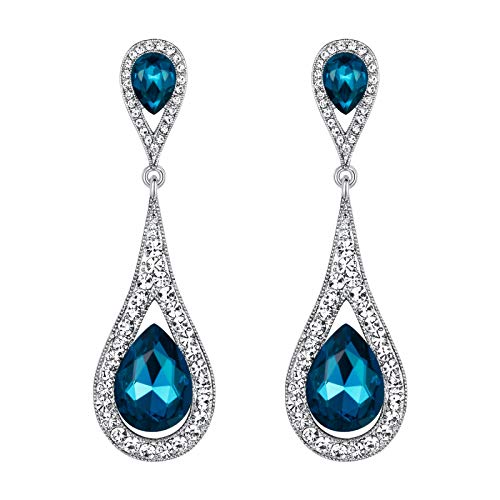 EVER FAITH Women's Austrian Crystal Elegant Dual Teardrop Pierced Dangle Earrings Sea Blue Silver-Tone