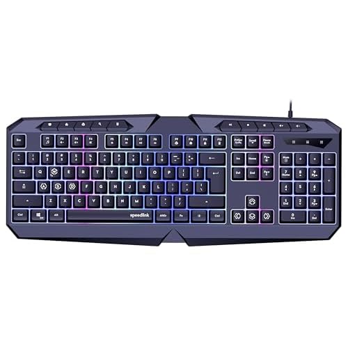Speedlink LUDICIUM RGB Rainbow Gaming Keyboard – Clavier de Jeu RGB avec câble, Layout américaine QWERTY, Verrouillage des Touches Windows, commutateur WASD, 10 Touches multimédia, Filaire, Noir