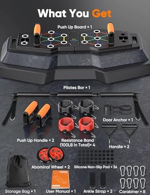 Foldable Push up Board, Portable 25-In-1 Push up Board for Men and Women | Multifunctional Exercise Equipment | Pilates equipment with Resistance Bands & Ab Wheel | Strength Training Equipment