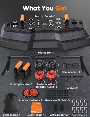 Foldable Push up Board, Portable 25-In-1 Push up Board for Men and Women | Multifunctional Exercise Equipment | Pilates equipment with Resistance Bands & Ab Wheel | Strength Training Equipment