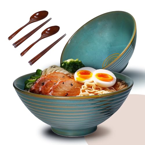 HAPLOVE Set of 2 Ceramic Ramen Bowls with Chopsticks and Spoons, 1000ml Large Capacity, Ideal for Ramen, Noodles, Soups, Pasta, Microwave and Dishwasher Safe, Japanese Style