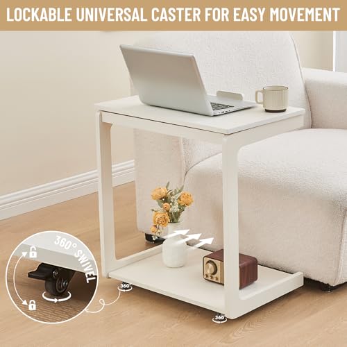 Image of Uniclinens Wooden White Side Table, White End Tables Small C Shaped End Table, Couch Tables Slide Under Sofa, Rolling Side Table with Wheels for Bedroom Living Room