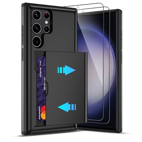Pilaru Sliding Card Holder Case for Samsung S23 Ultra | Hidden Slot Cards | 2 screen protectors | Shockproof & Anti-Slip Protective Wallet Cover | Durable Dual-Layer Design for Galaxy S23 Ultra Black