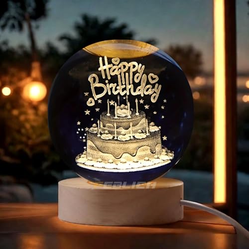Image of 3D Happy Birthday Crystal Ball Night Lamp, Solar System Happy Birthday Crystal Ball Night Light, USB Table Colorful Led Wooden Crystel Ball for Home, Office, Birthday Gift (Happy Birthday)