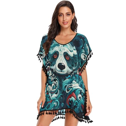 Panda Blue Abstrac Art Wave Women's Beach Cover Up Chiffon Tassel Swimwear Swimsuit Coverups for Girl