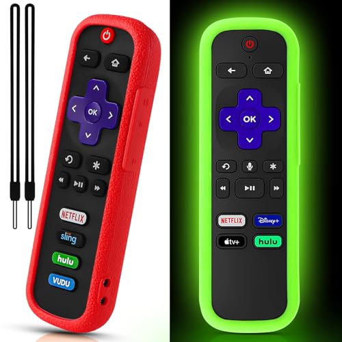 Image of 2 Pack Remote Cover for Roku, Battery Cover for TCL Roku Smart TV Steaming Stick Remote, Silicone Remote Case for Roku Universal Protective Controller Sleeve Skin Glow in The Dark Green Red