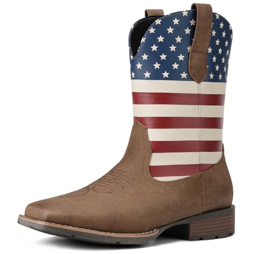 Image of Suokdil Cowboy Boots for Men - Men's Western Boots with Embroidery, Slip Resistant Square Toe Chunky Heel, Durable and Fashionable Retro Classic Footwear for Spring and Fall