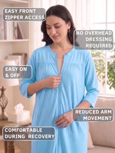 Image of Women's Post Surgery Robe with Drain Pockets Mastectomy Recovery Robe Front Zipper Hospital Gown Pajamas Gift