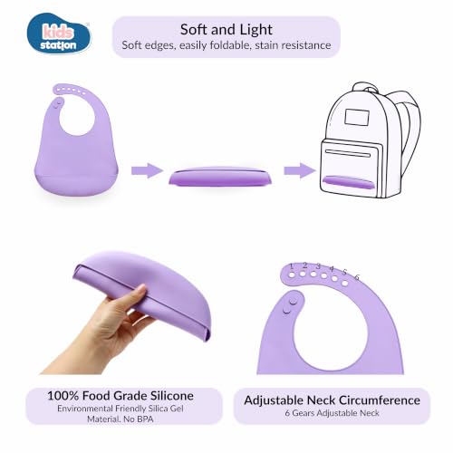 Image of Kids Station Silicone Baby Bib for Feeding & Weaning BPA Free, Soft Adjustable Neckline with Buttons, Washable & Reusable, Ideal for Babies & Toddlers 6 to 36 Months - Purple