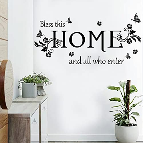 Black Vinyl Wall Sticker Wall Word Quotes Bless This Home And All Who Enter Wall Decals Flowers Butterfly Wall Decor Sticker For Entryway Living Room Home Decor. #TOP3