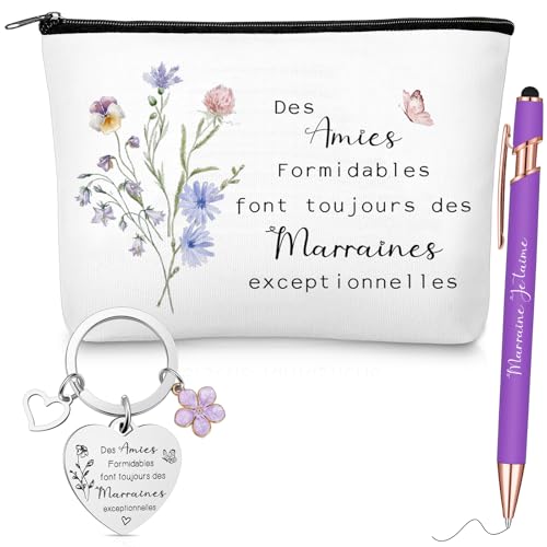 Xuniea 3 Pièces Cadeaux pour Marraine Comprend Pochette de Marraine Porte-Clés d'Amour et 2 en 1 Stylo en Métal Idée Cadeau pour Noël Anniversaire...