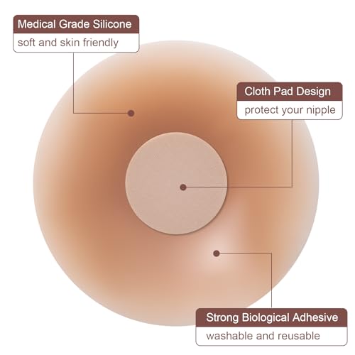 Image of Husfunov Silicone Nipple Covers for Women-2 Pairs, Ultra-thin Sticky Bra, Reusable Adhesive Pasties for Dress