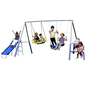 Sportspower Taylor Galvanized Metal Swing Set (6 Year Warranty): Blow Molded Swing+Standing Swing, Teeter Totter, Saucer Swing+5′ Wavy Slide, EXCEEDS ASTM Standards*4pc Anchor Kit*
