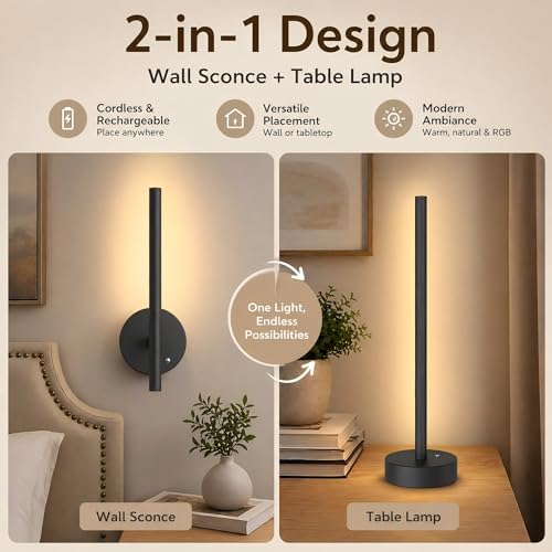 Image of L LOHAS LED Battery Operated Wall Sconces & Table Lamp Set of 2, 10000mAh Rechargeable Battery Wall Light with App Control, 3CCT Dimmable & DIY RGB, No Wiring Modern Sconce Wall Decor, Black