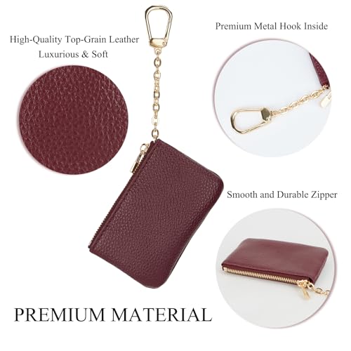 Image of Full Grain Leather Coin Purse with Key Chain - Small Change Purse Keychain Card Holder Keychain Pouch Small Keychain Wallet for Women and Men (Burgundy)