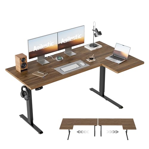 Image of Agilestic 55 Inch Reversible L Shaped Standing Desk, Electric Height Adjustable Desk with Memory Preset, Sit Stand Up Computer Workstation for Home Office, Splice Board, Dark Walnut