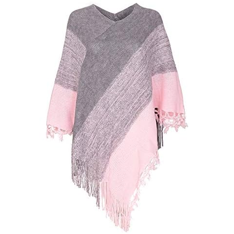 Women's Knitted Stripe Patterns Shawl Poncho Fringed Cape Oversized Loose Sweater (Pink) Cover