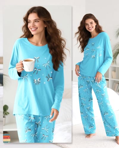 Kallenorox Womens Pajama Sets 2 Piece Long Sleeve Lounge Set Blue Bow Ladies Pajamas Pants Sleepwear with Pockets Soft Pjs for Women Set Size S — view 4