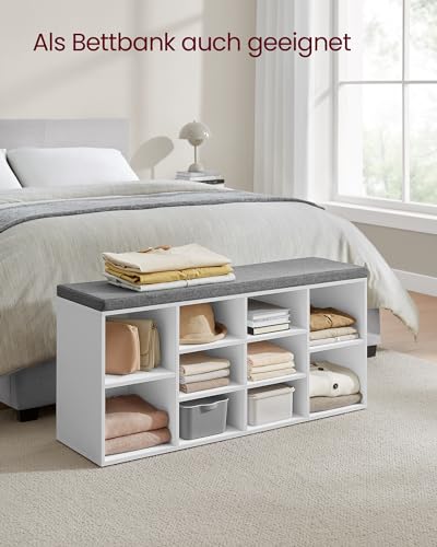 VASAGLE Schuhbank, Schuhregal mit Sitzfläche, Sitzbank mit Stauraum, gut gepolstert, Flurbank mit 10 Fächern, verstellbaren Ablagen, für Schlafzimmer, 30 x 104 x 48 cm, weiß-grau LHS10WT