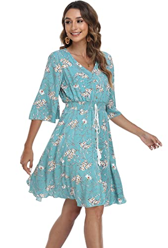 Image of VintageClothing Women's Floral Sundresses Flowy Boho Summer Beach Dress | Lightweight Breathable material,Elegant V Neck and Button Front Design,Flared Bell Sleeve Cut,Mini Casual dress