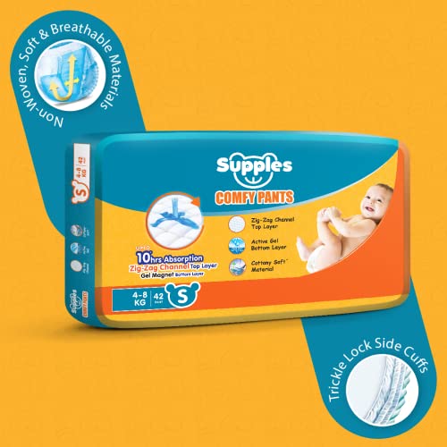Image of Amazon Brand - Supples Comfy Diapers, Small (S), 42 Count, 4-8 Kg, 10 hrs Absorption and Cottony Soft Material Baby Diaper Pants