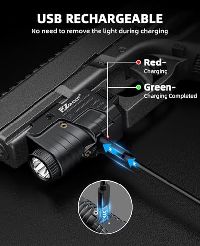 Image of EZshoot 800 Lumens Pistol Light Laser Combo Rechargeable, Pistol Flashlight with Slidable Rail Compatible with Glock and Picatinny Rail, Gun Light with Red Laser Beam