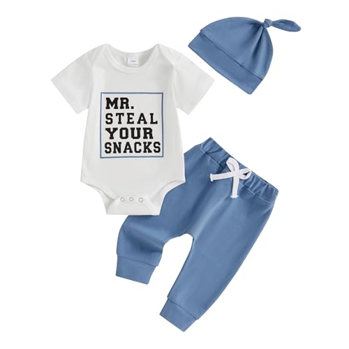 Image of Frietlebird Newborn Baby Boy Clothes Short Sleeve Letter Print Romper and Elastic Waist Pants with Hat Coming Home Outfit