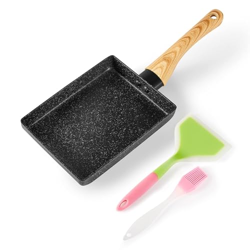Japanese Nonstick Tamagoyaki Pan, Rectangle Japanese Omelette Pan, Small Egg Frying Pan with Wooden Handle, Black, 18x13cm, Includes Silicone Spatula and Brush