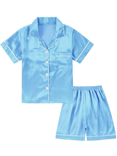 DIPUG Girls Pajamas Silk Pajama Set Satin Pjs for Kids Comfortable Nights Sleepwear Sky Blue