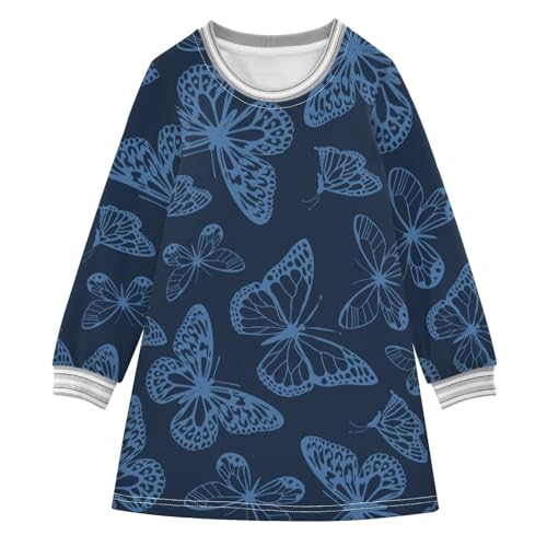 Blue Butterflies Girls Dresses Long Sleeve Sweatshirt Dress for Girls Winter Toddler Casual A Line Dresses Size 2-8T