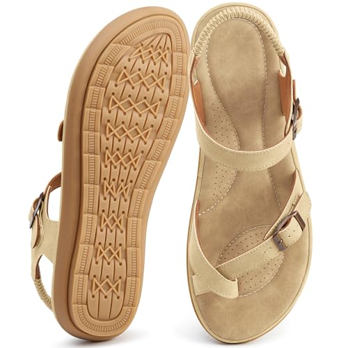 Larwen Womens Casual Comfort Sandals: Cushioned Footbed & Slip-Resistant Outsole for All-Day Walking - Adjustable Buckle & Ankle Elastic Strap for Daily Life Fit - Active Women by Larwen - Used condition - US$20.45