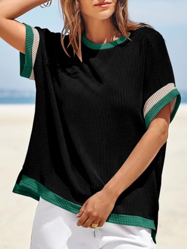 Womens Color Block Oversized Tops Trendy Casual Summer Textured Ribbed Knit T Shirts Loose Fit Short Sleeve Tshirts2