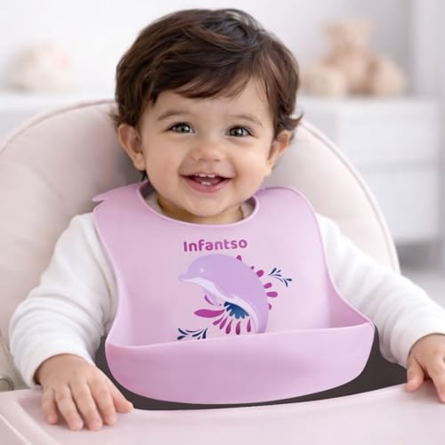 Image of Infantso Silicone Ultra Light Baby Bib for Feeding & Weaning Babies & Toddlers with Food Cather Pocket, Waterproof, Washable, Reusable, Non Messy Easy Cleaning, No Odour, Adjustable Button Neckline