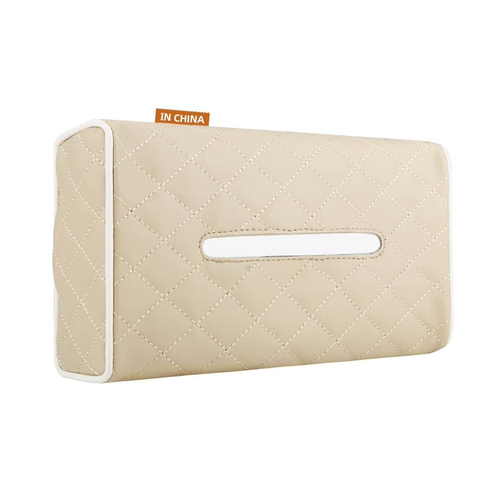 Qirc Beige Car Tissue Holder, Pu Leather Universal Car Tissue Box Multifunctional Sun Visor Tissue Holder, Back Seat Headrest Armrest Hanging Tissue Box, Suitable For 100 Sheet (Beige)
