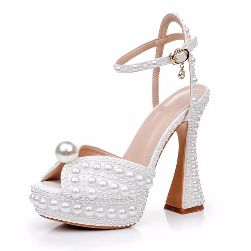 Crystal Queen 13CM Block Heel Paltform Sandals Chunky Heels Pretty Lolita Shoes Princess Round Toe Pumps Mary Jane Evening Party White Pearls Wedding Bride Shoes