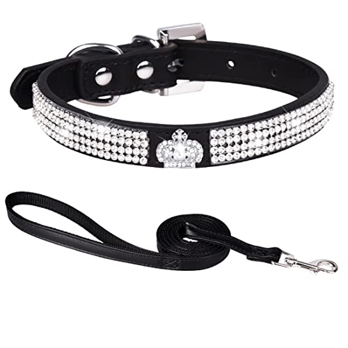 HALFSUMO collare strass cane collare per cani collare in pelle per cani collari per cani scintillanti tempestati di strass per animali domestici cuccioli gatti combinato set con guinzaglio, nero