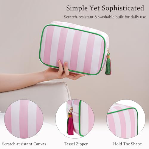 uekeboag Large Canvas Tassel Striped Makeup Bag,Coquette Travel Organizer Cosmetic Bag with Zipper,Toiletry Bag for Toiletries Accessories for Women Girls(05Pink Striped)4