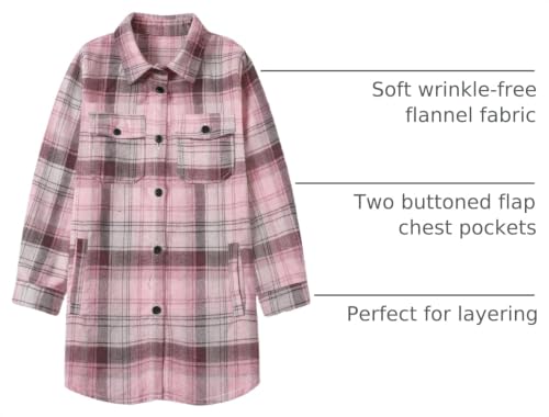Image of SANGTREE Women and Girls Oversized Flannel Plaid Shirt Mid-Length Casual Button Down Shirt with Pockets