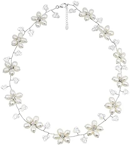 AeraVida Intricate Cultured Freshwater White Pearl Flower Link .925 Sterling Silver Choker Necklace