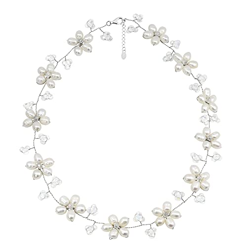 Aeravida Intricate Cultured Freshwater White Pearl Flower Link .925 Sterling Silver Choker Necklace #TOP20