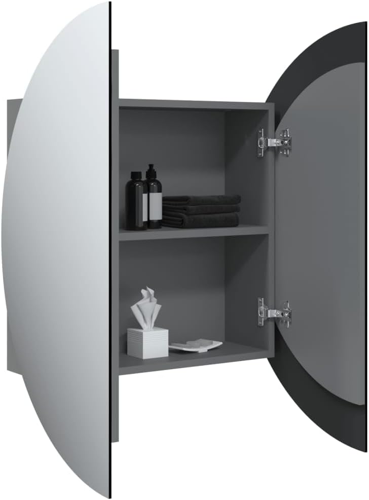 Wall-Mounted Bathroom Cabinet with Round Mirror and Built-in LED Lights, Grey Engineered Wood, Glass, and PVC Storage Cabinet with Two Adjustable Shelves and Copper Finish,