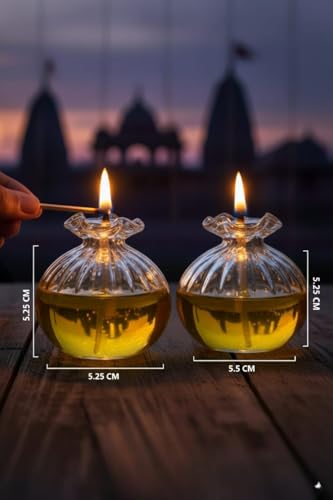 Image of Glass Chambu Modak Shape Diya | Borosilicate Glass Oil Lamp | Reusable & Eco-Friendly Pooja Diya for Home Mandir, (Transparent, 5.5 x 5.25 cm), 60ML, Pack of 2 Pcs