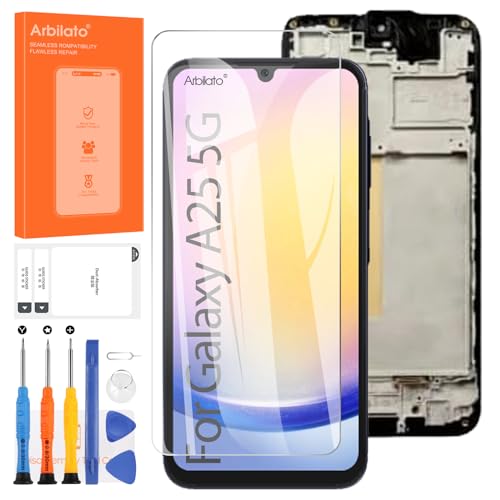 OLED Screen for Samsung Galaxy A25 5G Screen Replacement for Galaxy A25 LCD Screen SM-A256B,SM-A256E,SM-A256U Touch Display Digitizer Assembly Repair Parts with Frame(Black with Fingerprint Function)
