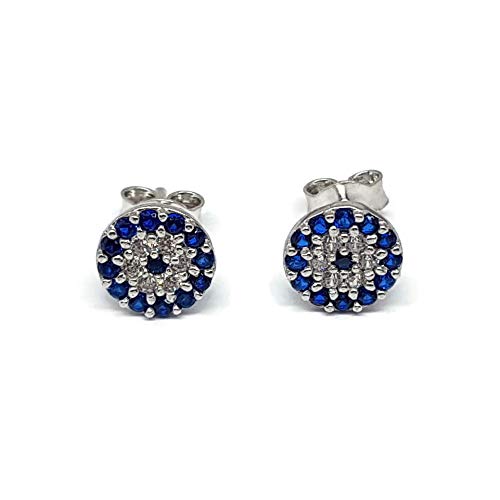 MYSTIC JEWELSBy Dalia - 925 Sterling Silver Cubic Zirconia Turkish Evil Eye Stud Earrings (Round)