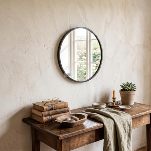 Image of Round Wall Mirror in Gold I Metal Frame Mirror I Modern Design Metal Frame Mirror in Medium Size I Bathroom Wash Basin, Bedroom, Drawing Room (Black 16 inch)