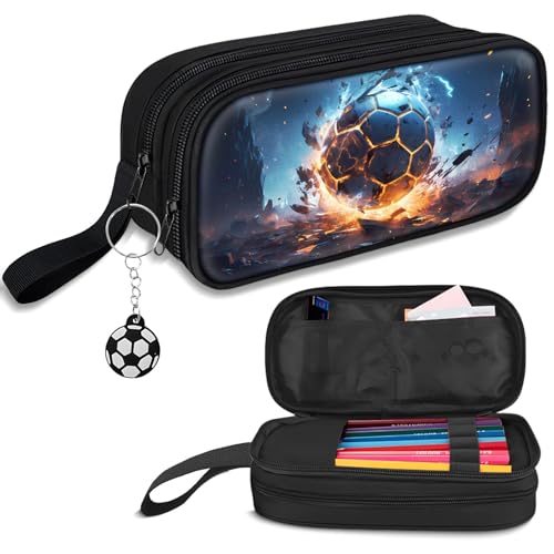 Image of TILYTADLY Large Pencil Case for Boys - Soccer Boys Pencil Pouch with Zipper Compartments - Big Capacity Pen Box Pen Bag Organizer with Keychain for Kids Teens School